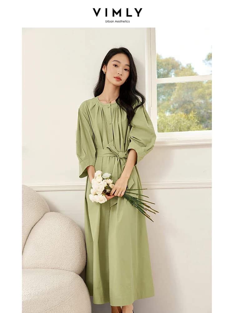 VIMLY Women's Autumn Five-Quarter Sleeve Cardigan Shirt  Dresses Round Neck Casual Commuter Simple Dresses with Clothes Belt