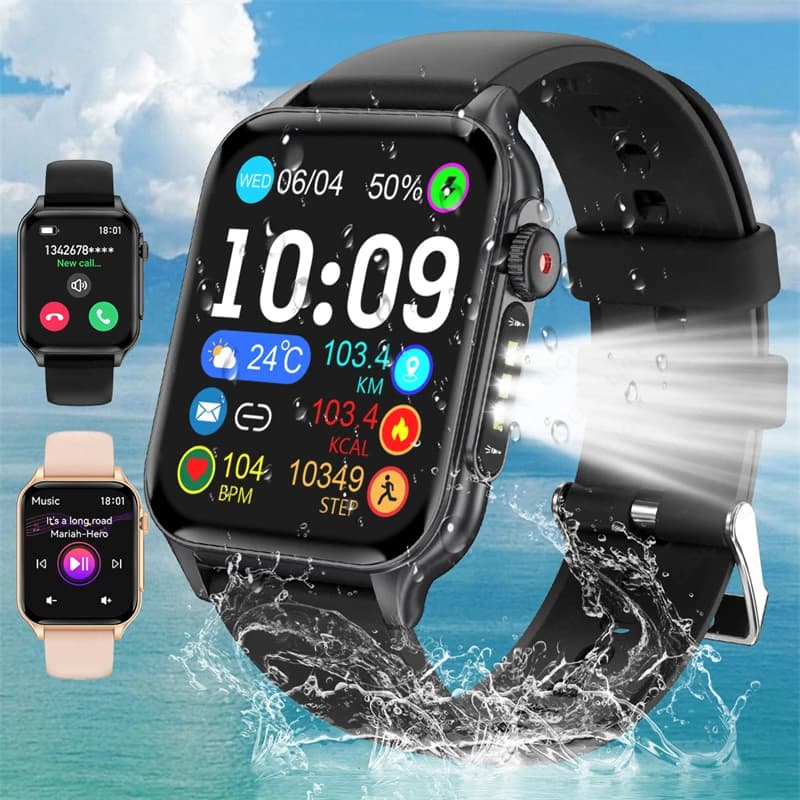 New 1.96"Smart Watches Men Women LED Flashlight 3ATM Waterproof Sport Watch Fitness Tracker Heart Rate Monitoring Smartwatch Man