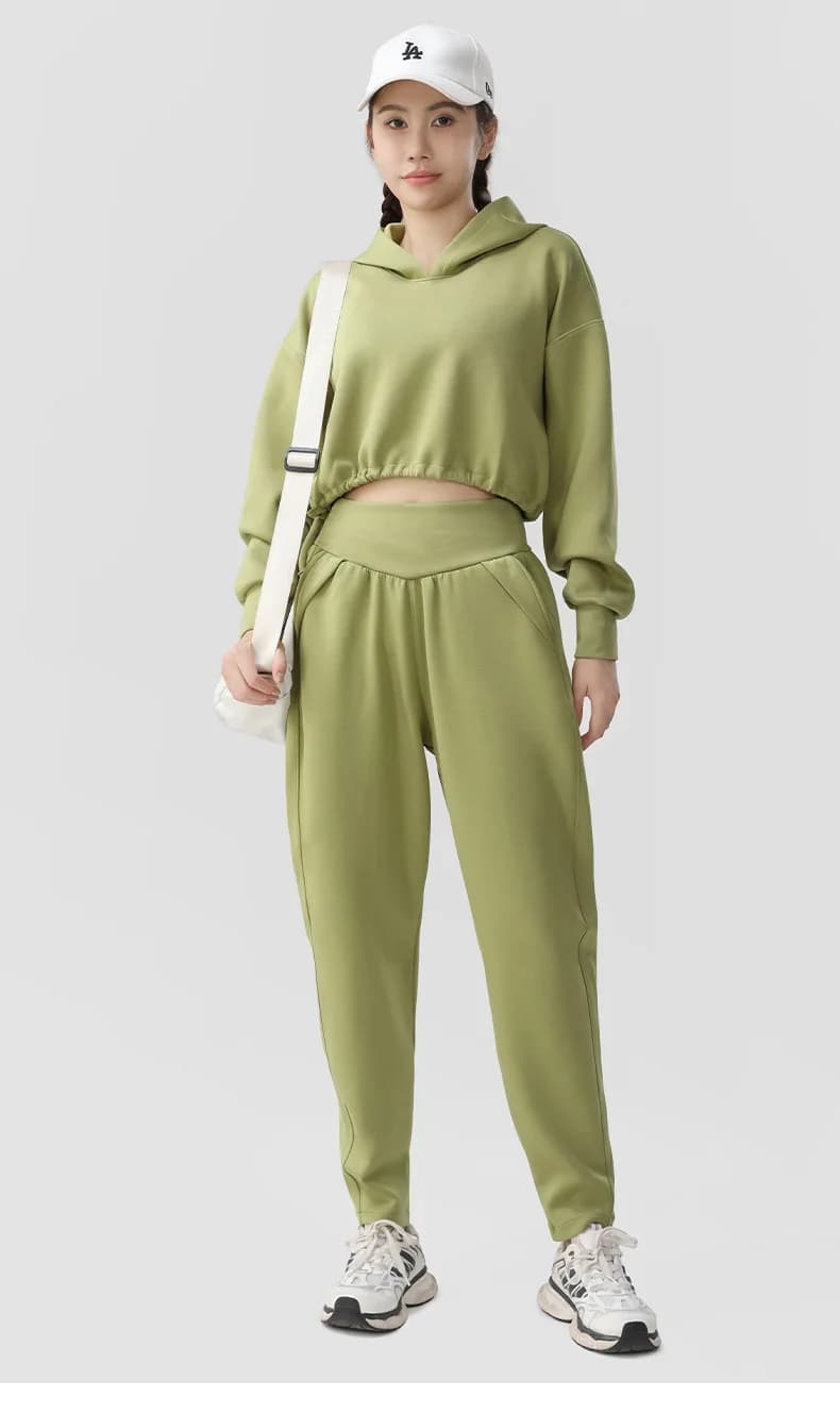 Autumn Winter Yoga Two Pieces Sportswear Loose Long Sleeves Side Drawstring Hoodie+Loose Long Pants Breathable Soft Fitness Sets