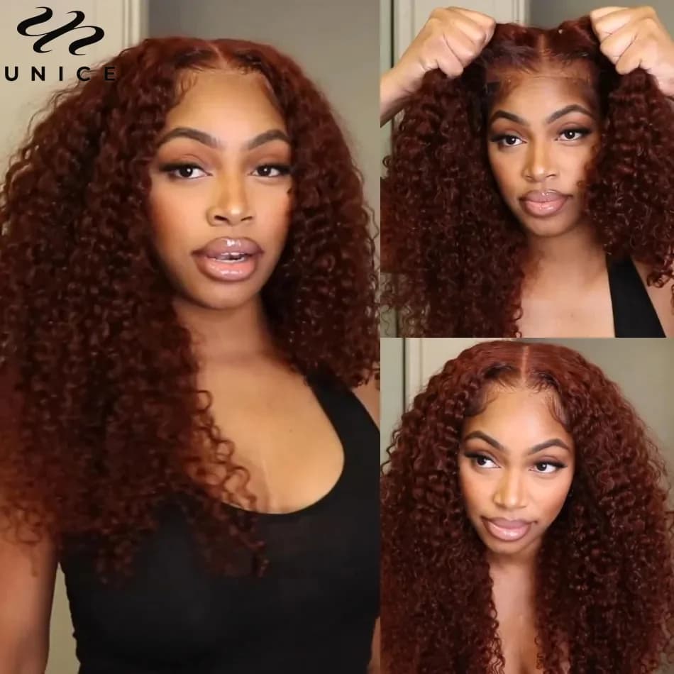 UNice Hair Bye-Bye Knots Wig Reddish Brown Curly 7x5 Glueless Wig Human Hair Pre Cut Pre Bleached Lace Front Human Hair Wigs