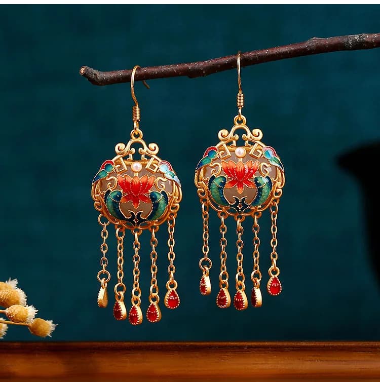 White Real Jade Lotus Earrings Energy Charm Carved Talismans Women Gift 18K Gold Plated Amulet Natural Jewelry Stone Gifts