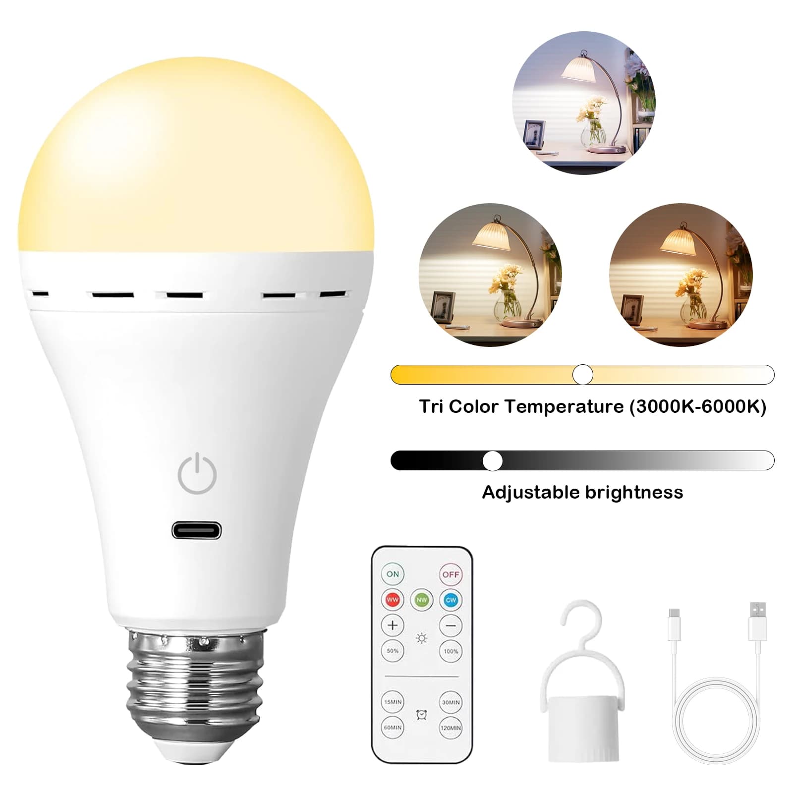 Rechargeable Light Bulbs with Remote Control, E27 Cordless Battery Operated Light Bulb for Lamps,2200mAh/Dimmable/Timer