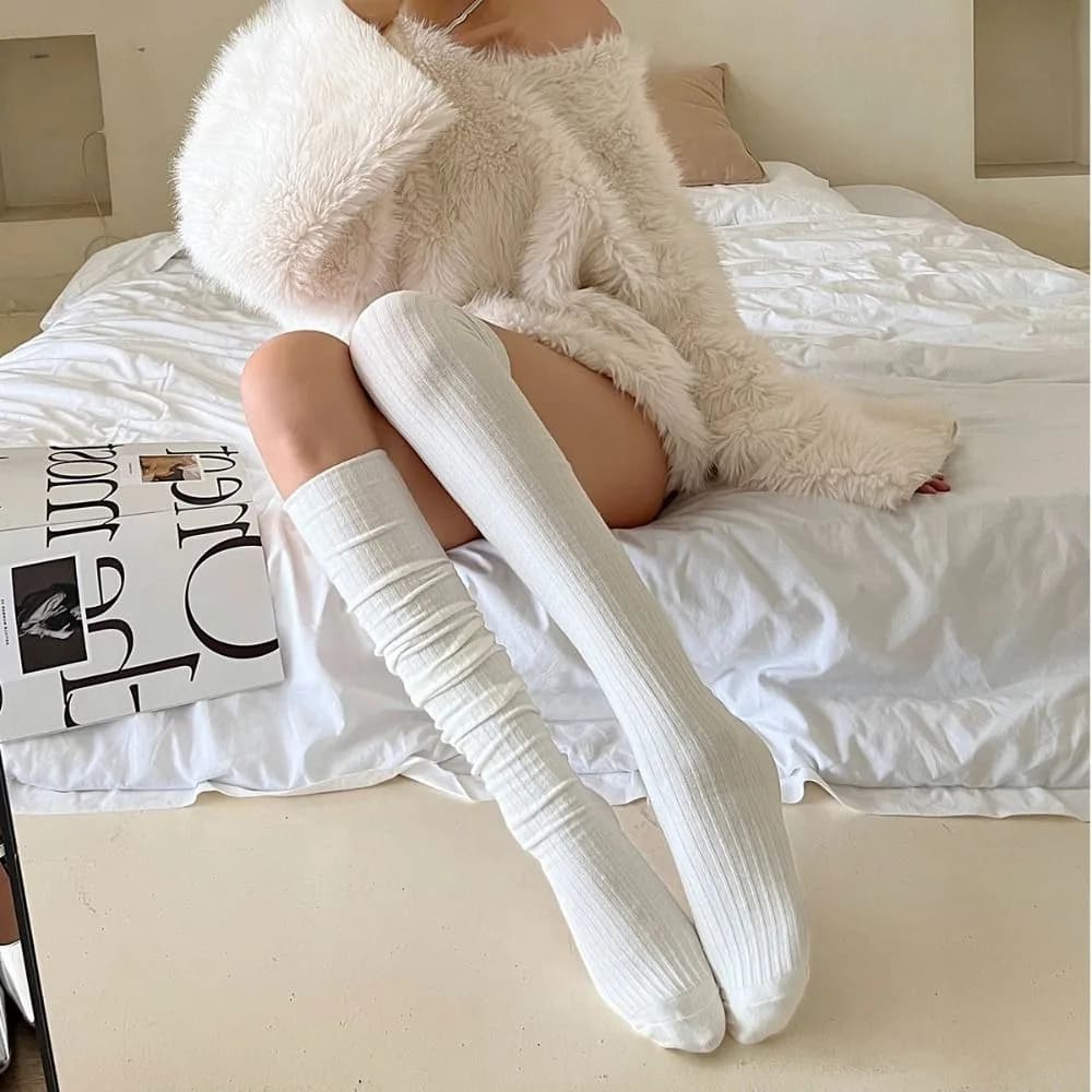 Fashion Pure Cotton Knee-high Socks Solid Color Keep Warm Calf Socks Foot Warmers Fall Winter