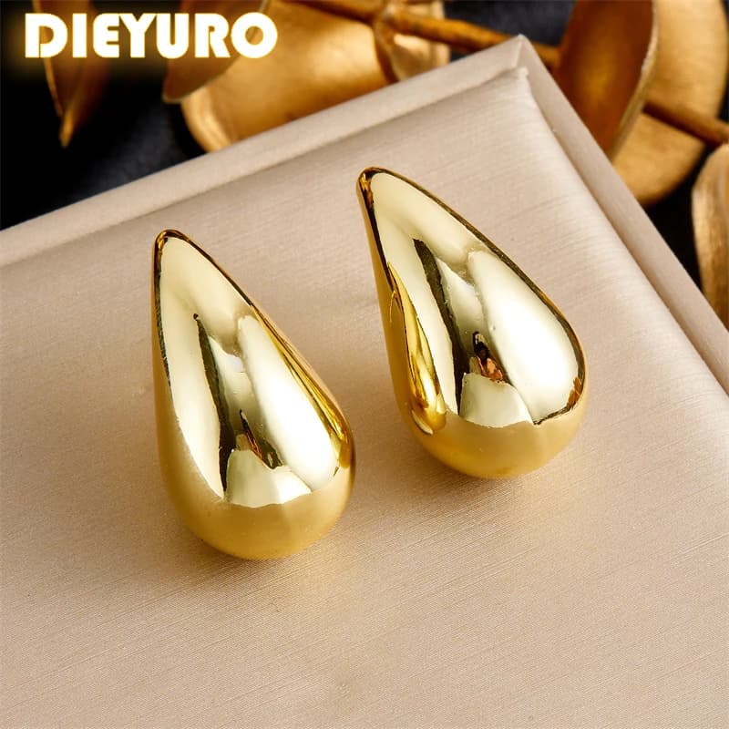 DIEYURO 316L Stainless Steel Golden Colour Hollow Large Water Droplets Earrings Design Fashion Ear Decoration Jewelry Party Gift