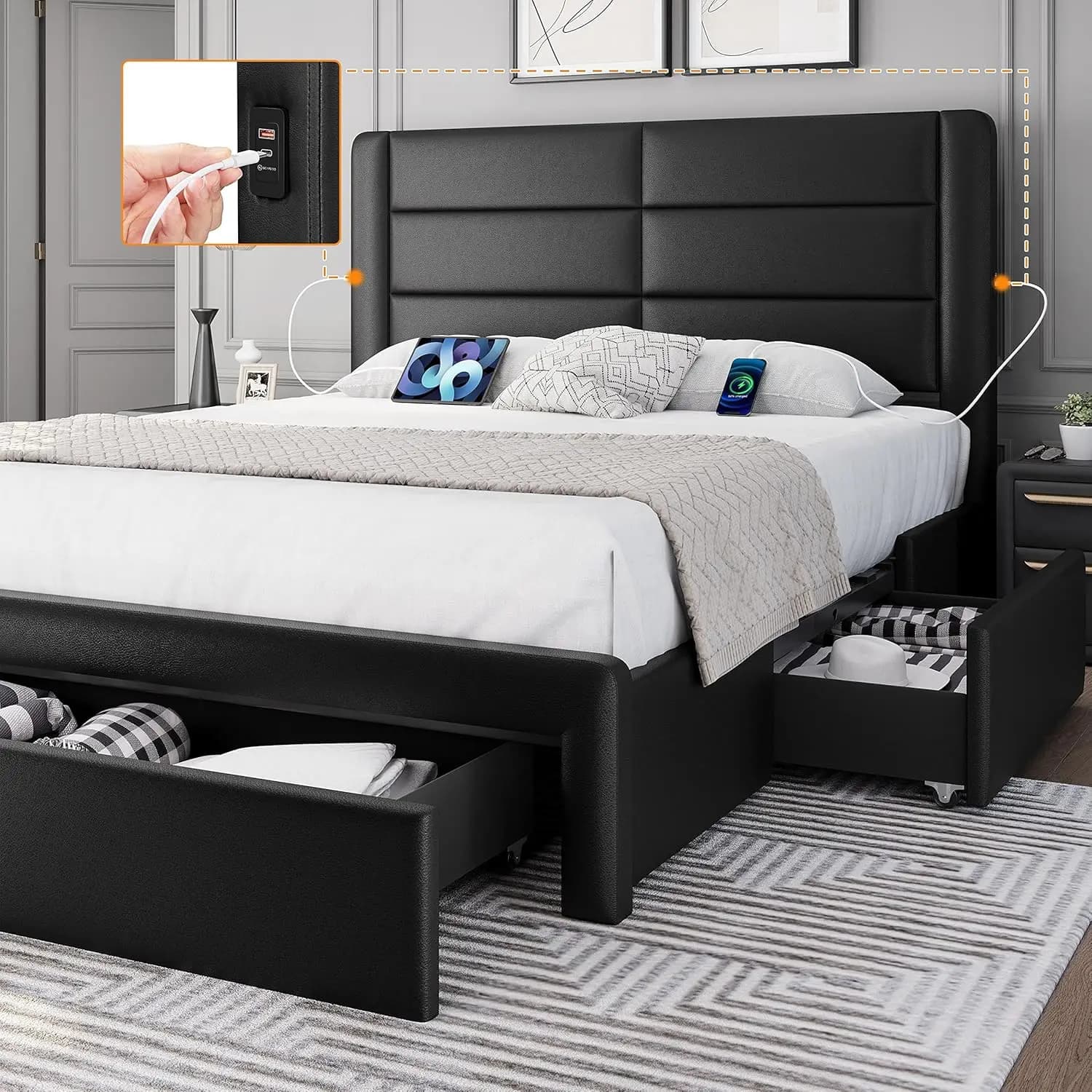 Queen Size Bed Frame Platform with 2 USB Charging Station/Port for Type A&Type C/3 Storage Drawers, Leather Upholstered with Hea