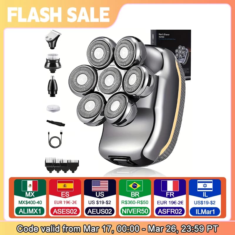 Men's Electric Head Shaver Razor Rechargeable Cordless Hair Shaving Razors For Bald Man 6 In 1 Waterproof Wet Dry Beard Trimmer