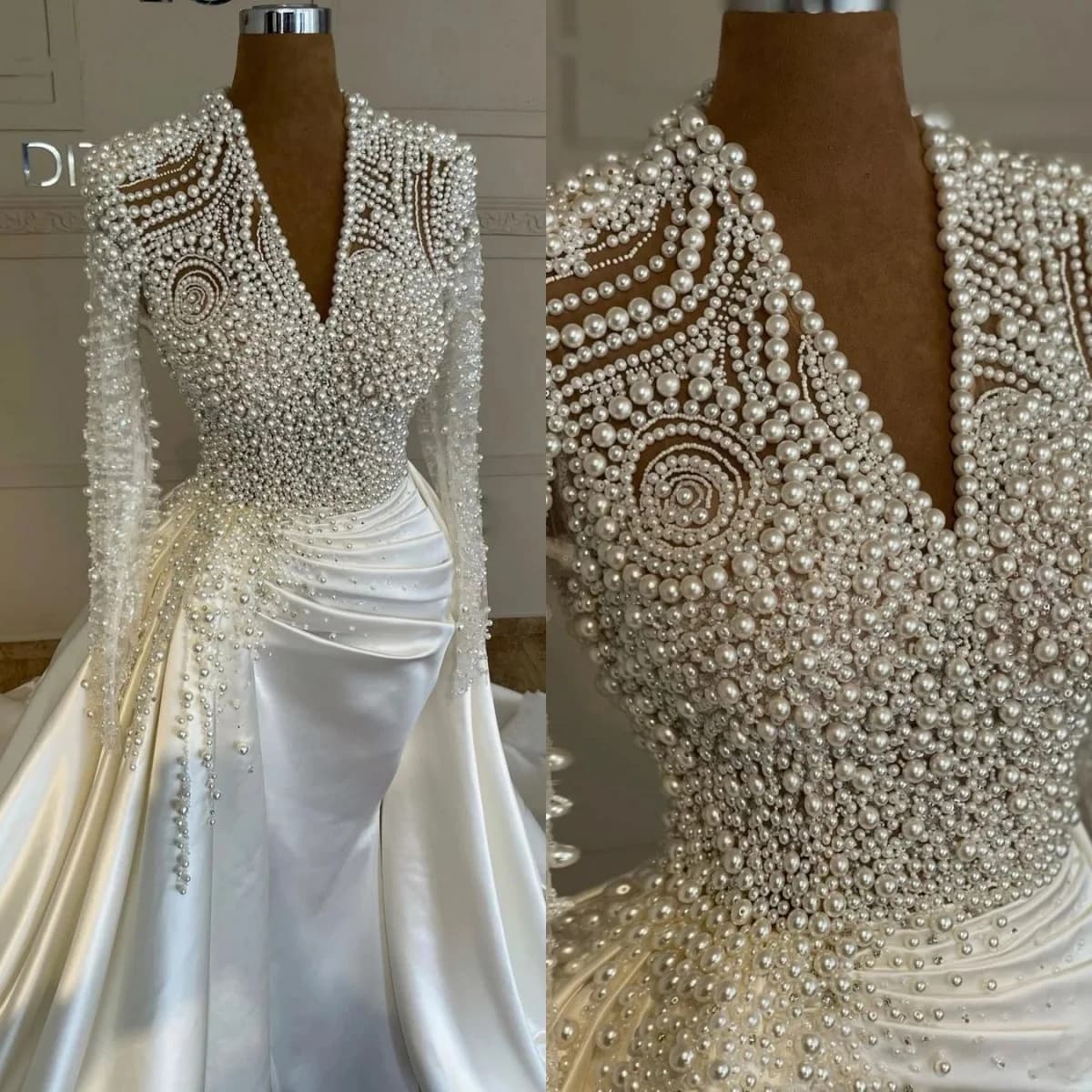 Luxury Pearls Wedding Dresses Beaded Sequins Bride Gown Long Sleeve Bridal Dress Detachable Train Customized Vestidos De Novia