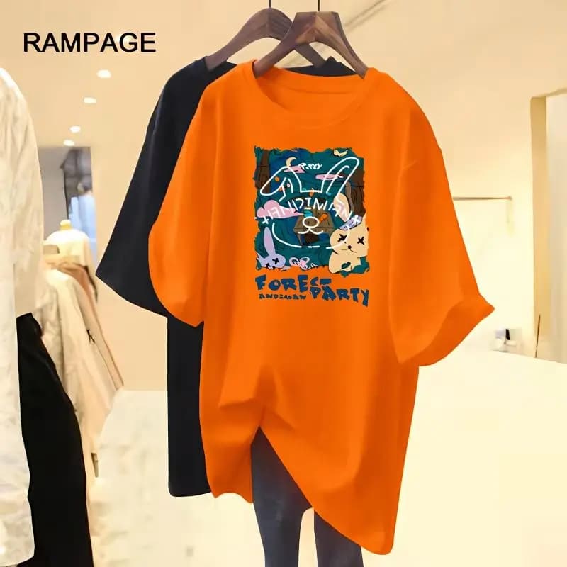 Women Clothing Cartoon Printed Pullover Summer Loose Crew Neck Pure Cotton Short Sleeve Tee Shirt Lady Basics Simple Tops