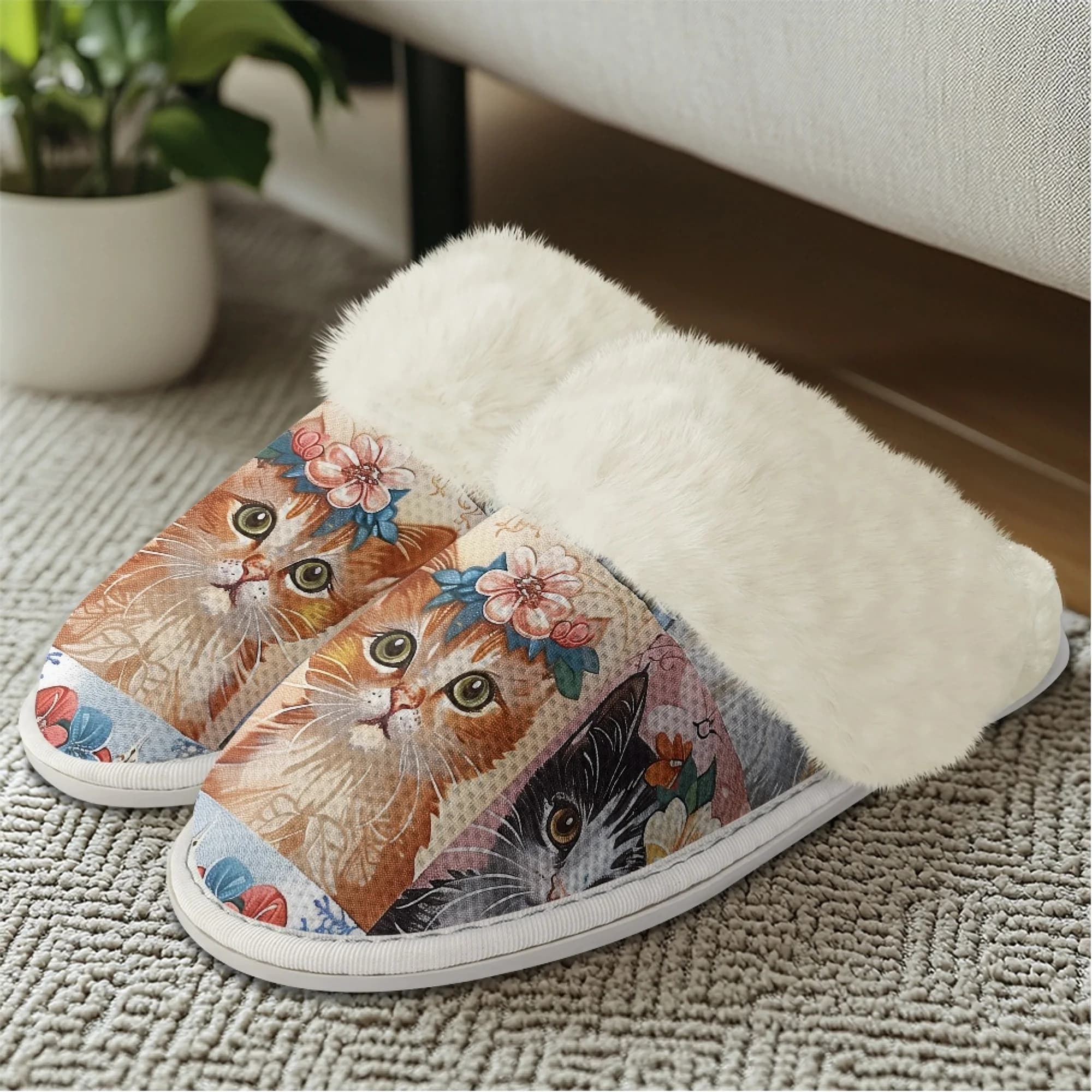 INSTANTARTS Women Flat Cotton Slippers Cute Cartoon Orange Cat Printing Soft Anti Slip Casual Indoor Winter Shoes Keep Warm