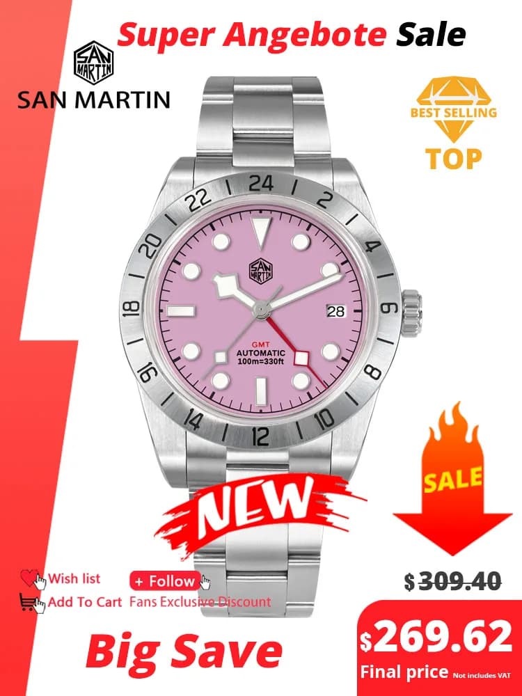 San Martin Pink Dial BB GMT NH34 39mm Classic Luxury Business Men Watch Automatic Mechanical Sapphire Waterproof Relojes SN0054