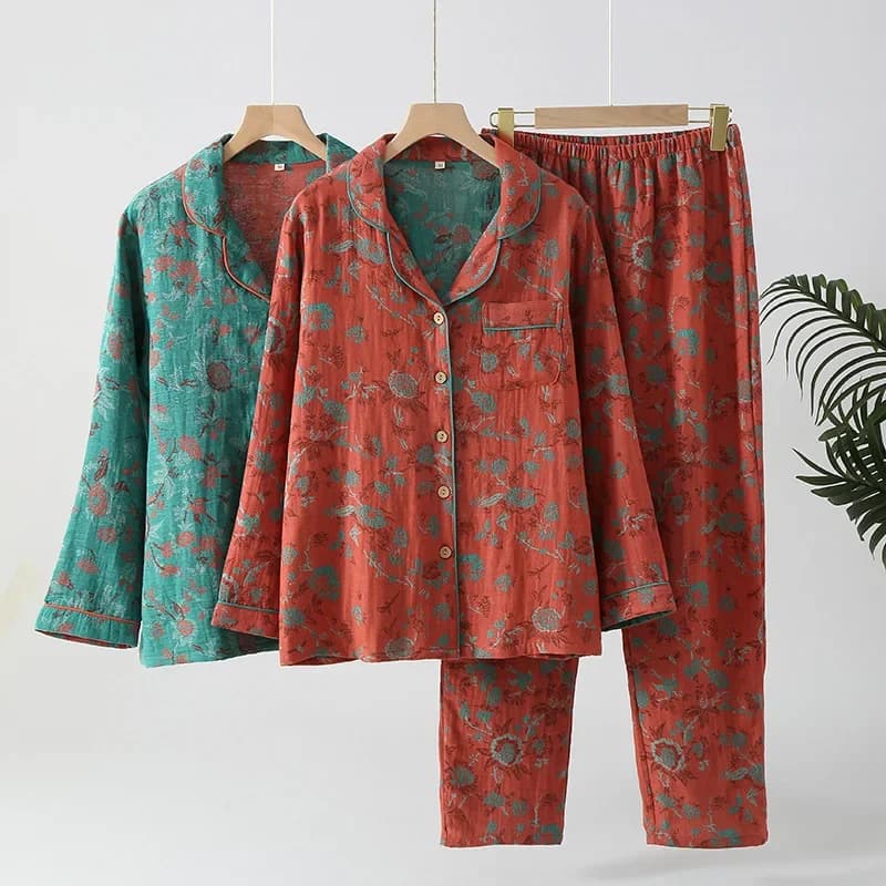 2024 Color-woven Jacquard Women's Pajamas Pure Cotton Double-layer Retro Long-sleeved Trousers Thin Loungewear 2 Piece Sets