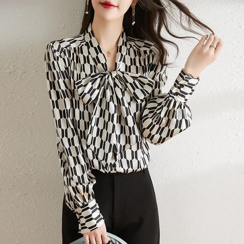 Spring Autumn New V-neck Bow Patchwork Blouse Women High Street Long Sleeve Casual Printing Pullovers Elegant Casual Chic Tops