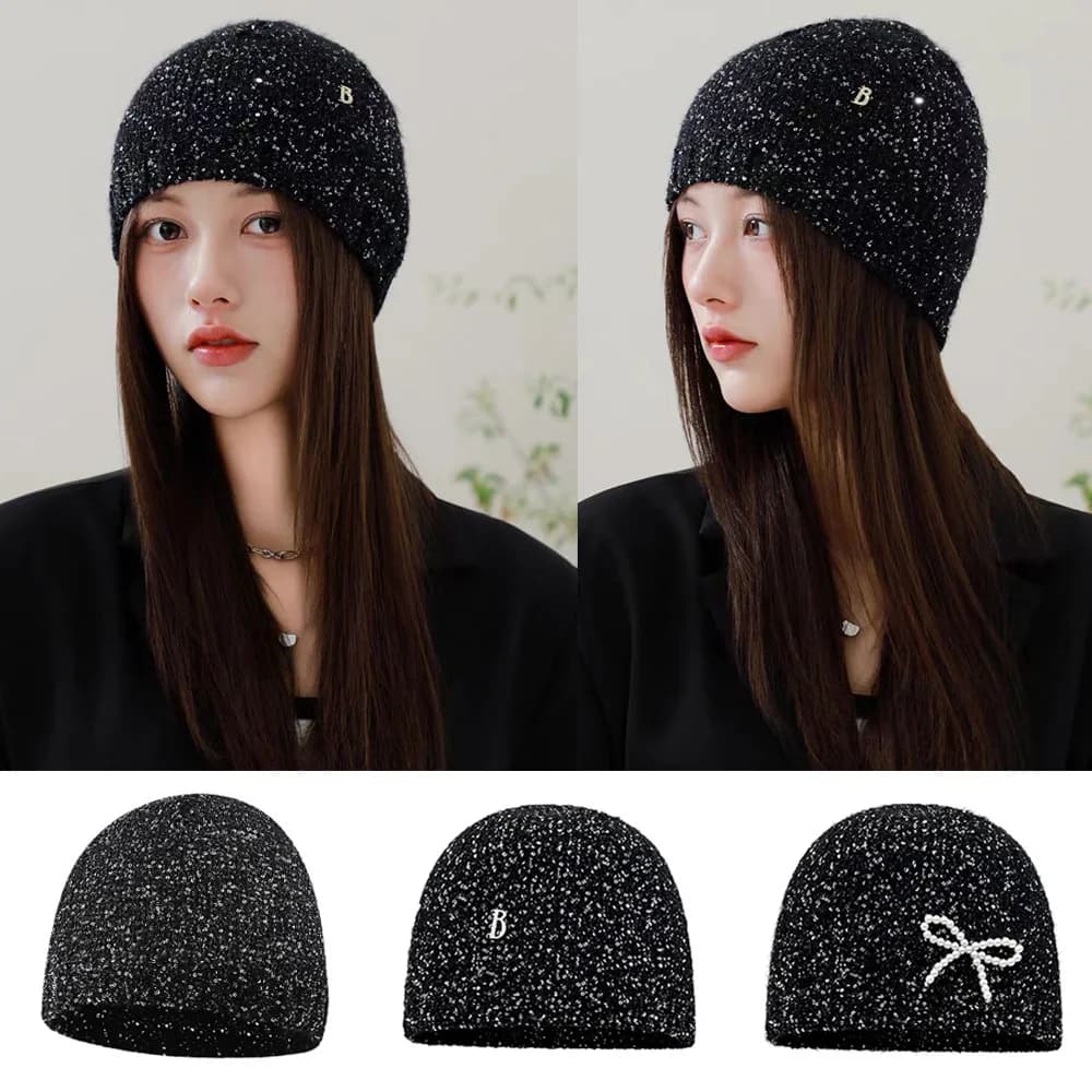 Winter Hats For Women Beanie Sequined Knitted Caps For Girls Y2k Letter Pearl Bow Beanie Hats Warmer Bonnet Ladies Casual Cap