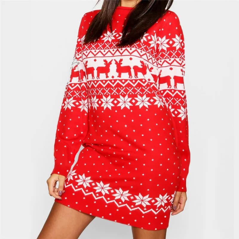 Snowflake And Deer Women Christmas Dresses Long Sleeve Red Short Dress 3D Print Festival Street Casual Ladies Mini Dress