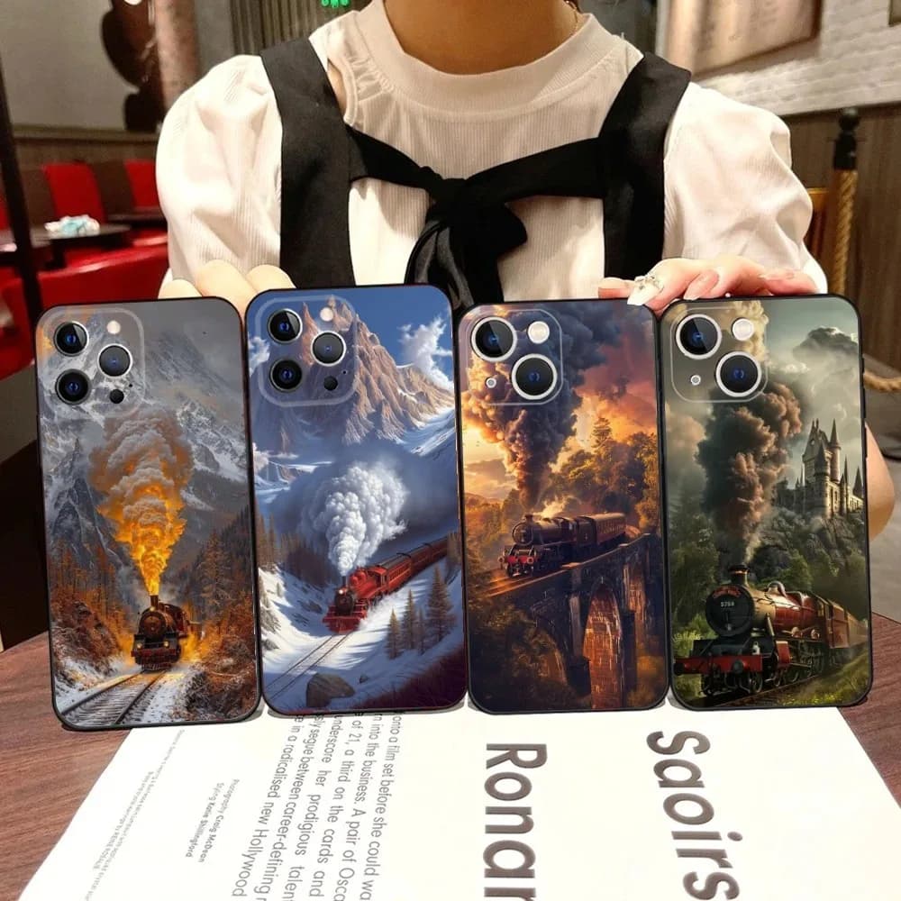 Classic Steam Train Railway Phone Case For iPhone 16,15,14,13,12,11,Pro,X,XS,Max,XR,Plus,Mini Black Soft Silicone Case