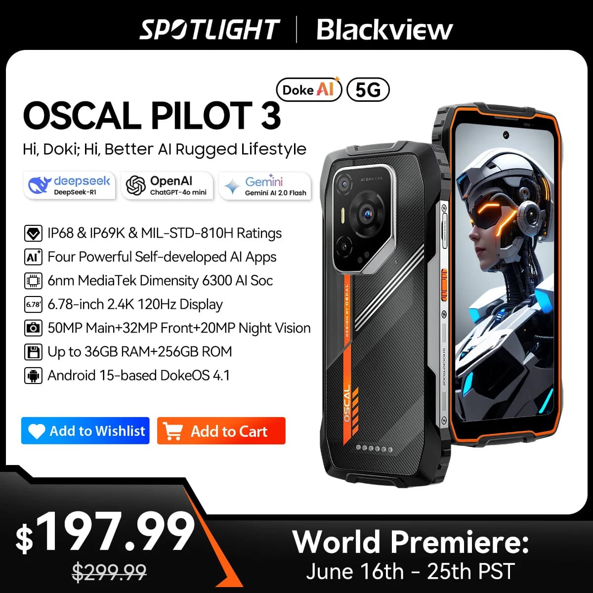 Blackview OSCAL PILOT 3 5G AI Rugged Smartphone MTK 6300, 6.78" FHD+2.4K Display 120Hz, 12+24GB RAM, 256GB+2TB ROM, 7500Amh,