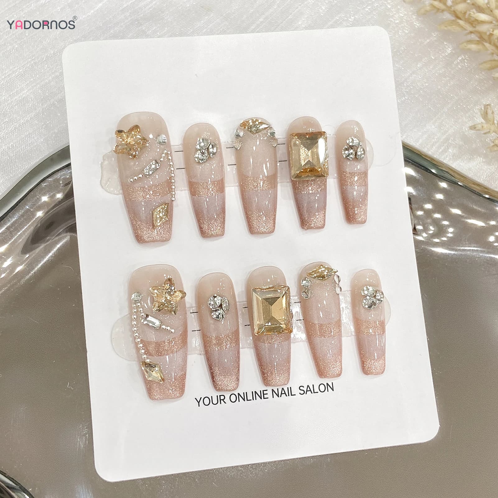 10Pcs Handmade Press on nails Nude Color Fake Nails Cat's Eye False Nails Long Ballerina Wearable DIY Manicure Diamond Decor