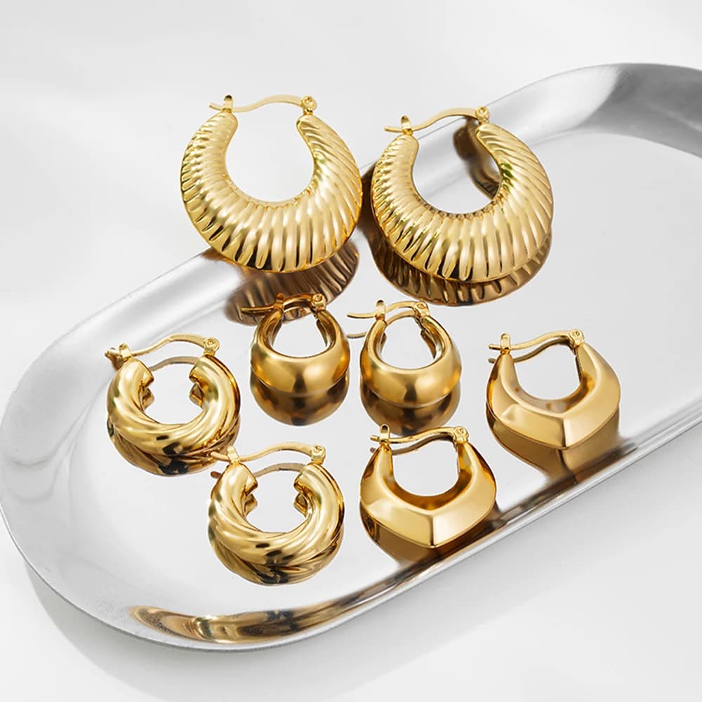 Fashion Punk Round Exquisite Hoop Earring for Women Geometric Texture Thick Gold Color Stainless Steel Earring Jewelry