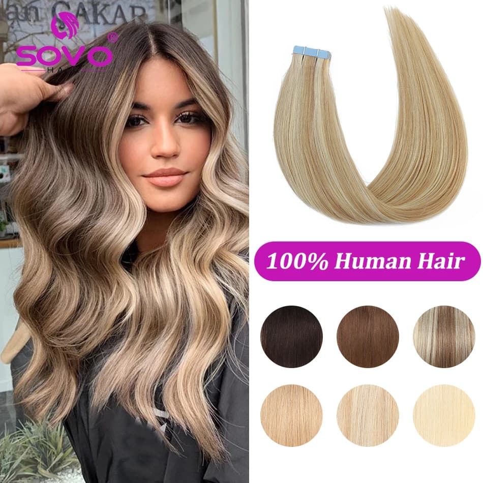 SOVO Tape in Hair Extensions 100% Remy Human Hair 20 Inch  20pcs 50G Balayage Skin Weft Tape in Extensions  12-26 inch