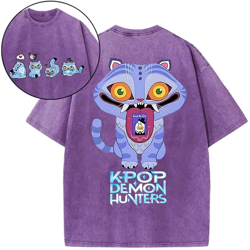 Derpy Tiger Hot Movie Print Shirts for Women Cartoon Anime Washed Cotton Tee K-Pop Demon Hunters Tiger Harajuku T-shirt Tops