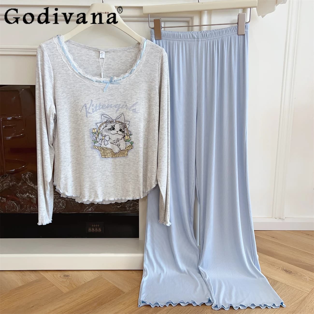 Pajamas Cat Loose Long Sleeve Pants Nightgown Women's Pajamas Loungewear Women's Spring Autumn Nightdress