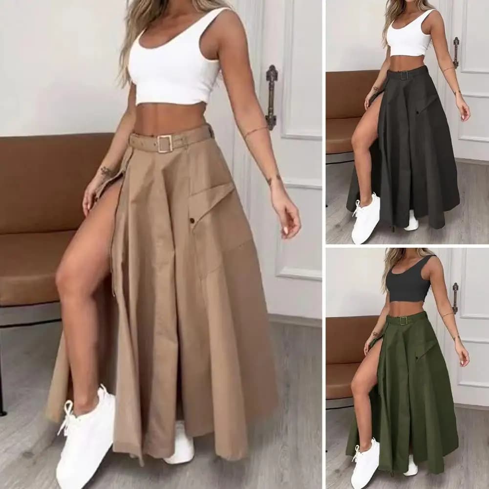 2Pcs/Set Women Vest Skirt Set Round Neck Sleeveless Tank Tops High Waist Side Slit Pockets Design Maxi Skirt Set Casual Suit