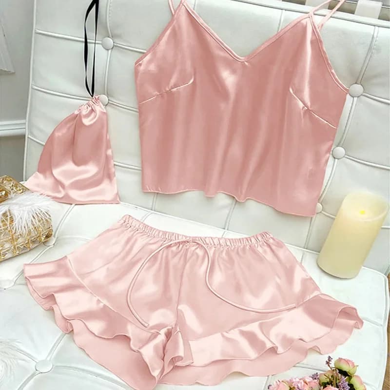 Fashion Sexy Underwear Set Women's 2 Pieces Sleepwear Pyjamas Silk Satin Bellyband Cami Top and Shorts Pajamas for Women Pijamas