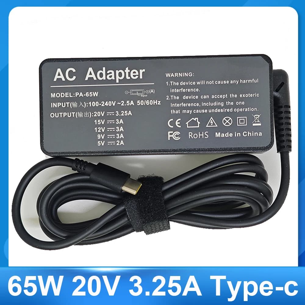 65W 20V 3.25A USB Type-C AC Laptop Power Adapter Charger For Lenovo Thinkpad X1 Carbon Yoga X270 X280 T580 P51 P52s E480 E470