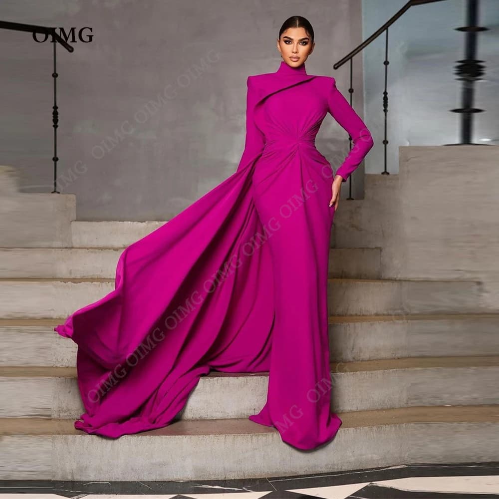 OIMG Fuachia Mermaid Long Evening Dress High Neck Prom Gown Full Sleeves Long Saudi Arabic Eveing Party Gown Vestidos Customized