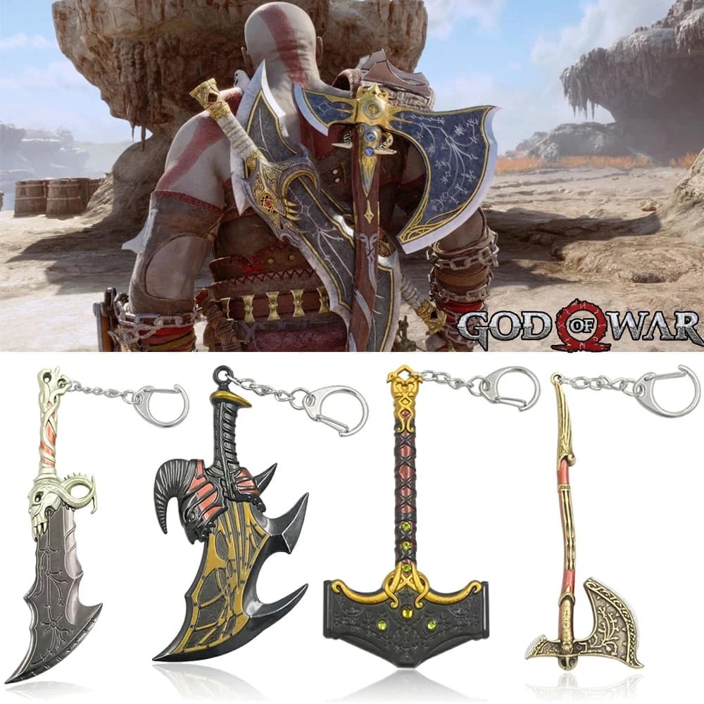 New God of War Ragnarok Keychain Kratos Ares Thor's Hammer Mjolnir Blades of Exile Leviathan Axe Weapon Penant Key Chain Jewelry