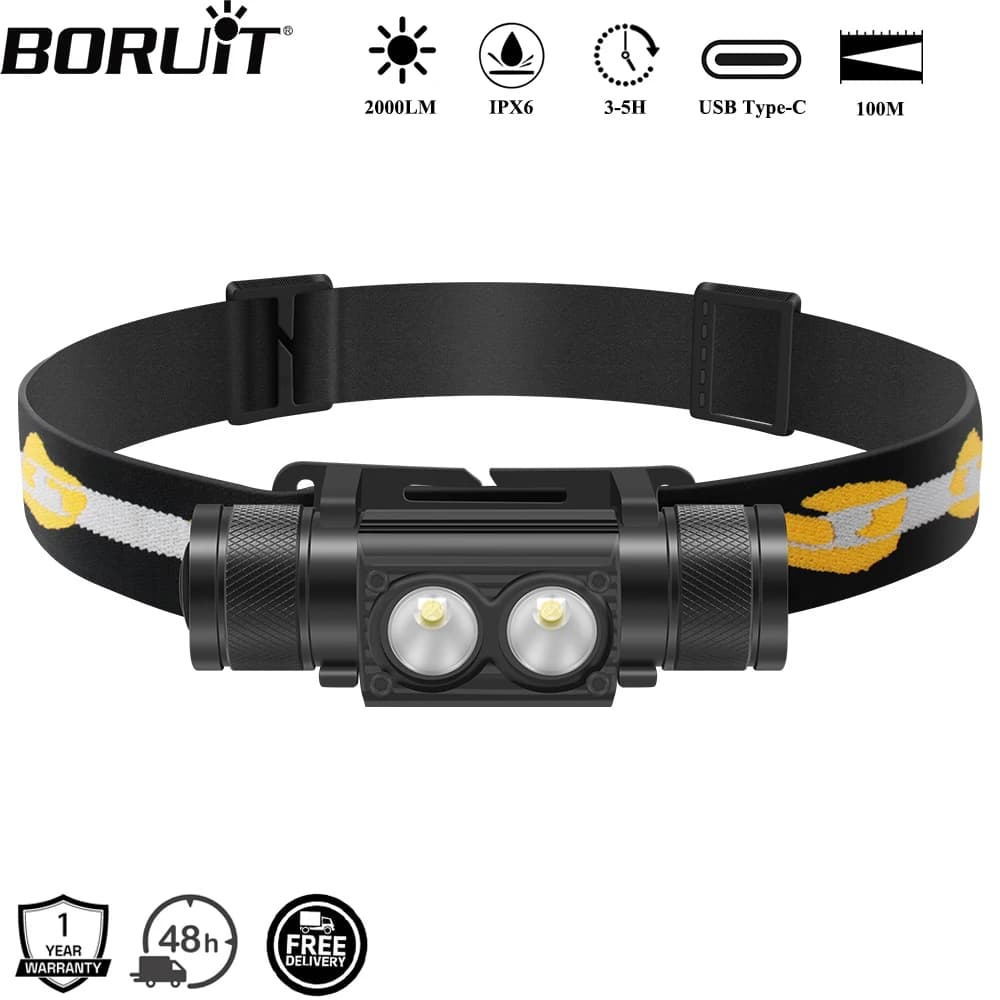 BORUiT D25 Dual LED Headlamp 2000LM Powerful Headlight Type-C Rechargeable 18650 Head Torch Waterproof Camping Fishing Lantern
