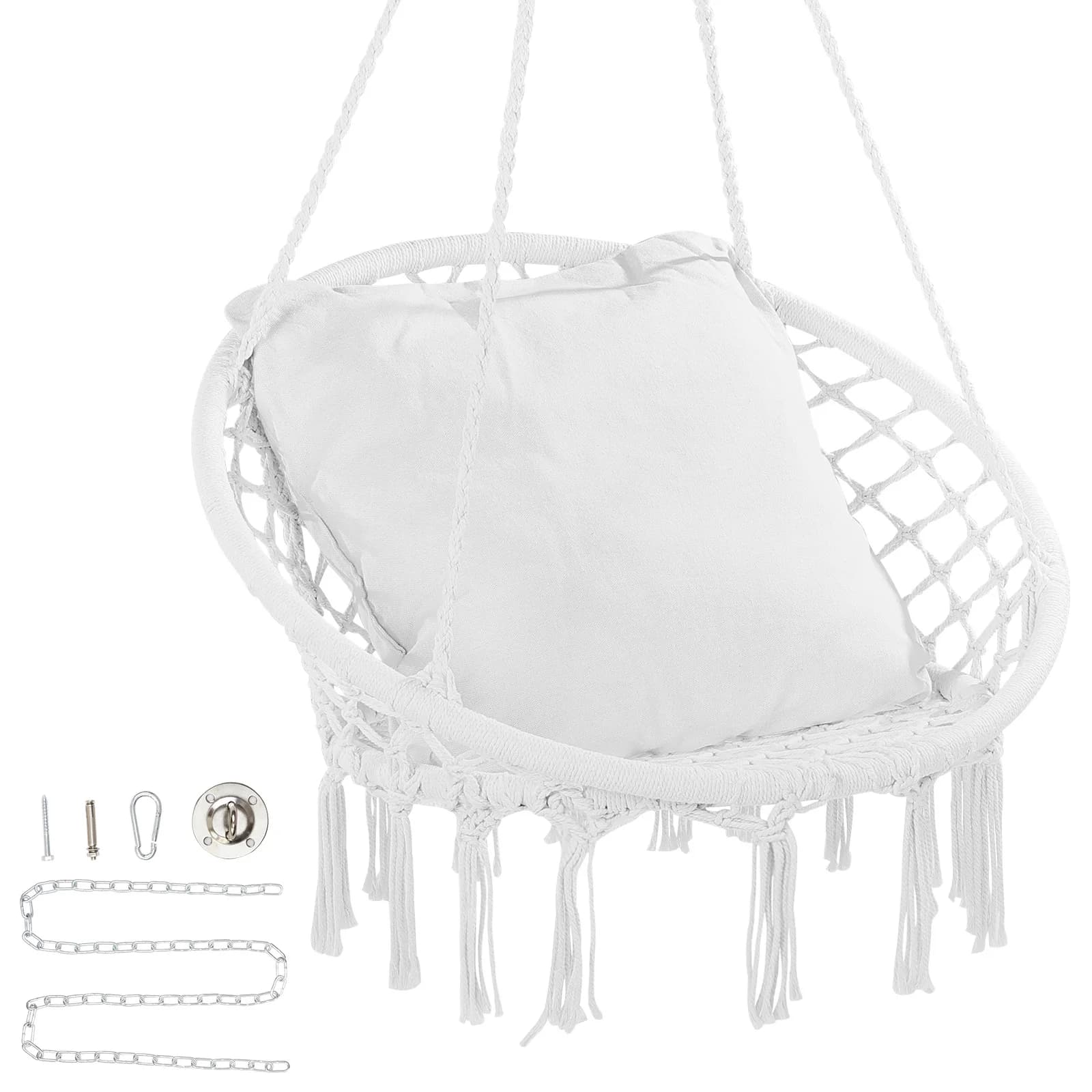 SucceBuy Hanging Hammock Swing Chair 330lbs Macramé Hanging Chair Cotton Rope Swing Chair for Bedroom Balcony Patio Garden White