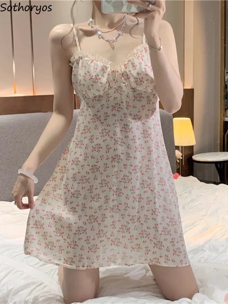 Mini Nightgowns Women Fashion Comfortable Simple Ladies Home Spaghetti Strap Floral Sweet Summer Sleepwear Korean Style Casual
