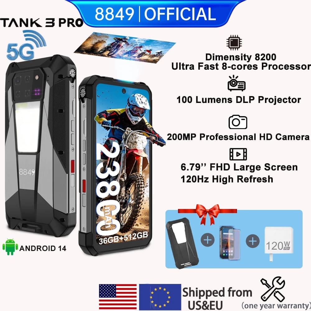 8849 Tank 3 Pro by Unihertz Rugged Projector Smartphone Android 32/36GB RAM 512GB ROM 5G 120W Charger  23800mAh OTG Mobile Phone