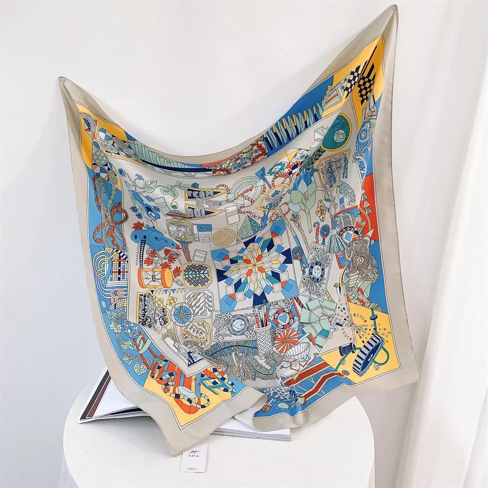 Twill Headscarf for Women Chain Geometric Print 90*90cm Square Scarf Hijab Bandana Female Neckerchief Hand Shawl Wraps Echarpe