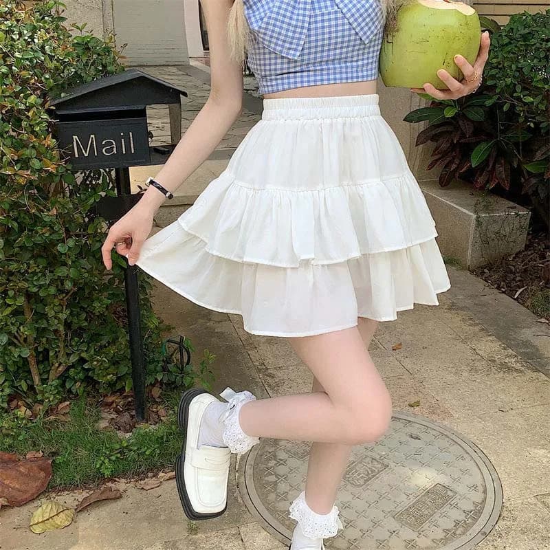 Pleated A-line Skirt White Women Ruffles Sweet Hottie Preppy Style Elastic Elastic Waist Slim Thin SimpleCasual Summer Wholesale