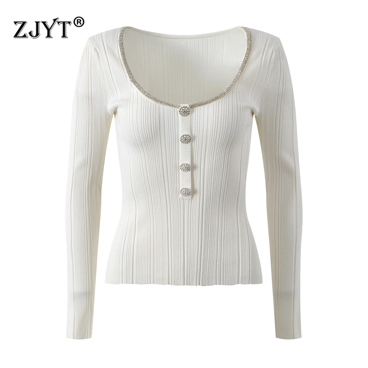 ZJYT Autumn 2024 Designer Luxury Diamonds Knitted Sweaters Long Sleeve Women U Neck White Black Knitting Tops Elegant Jersey New