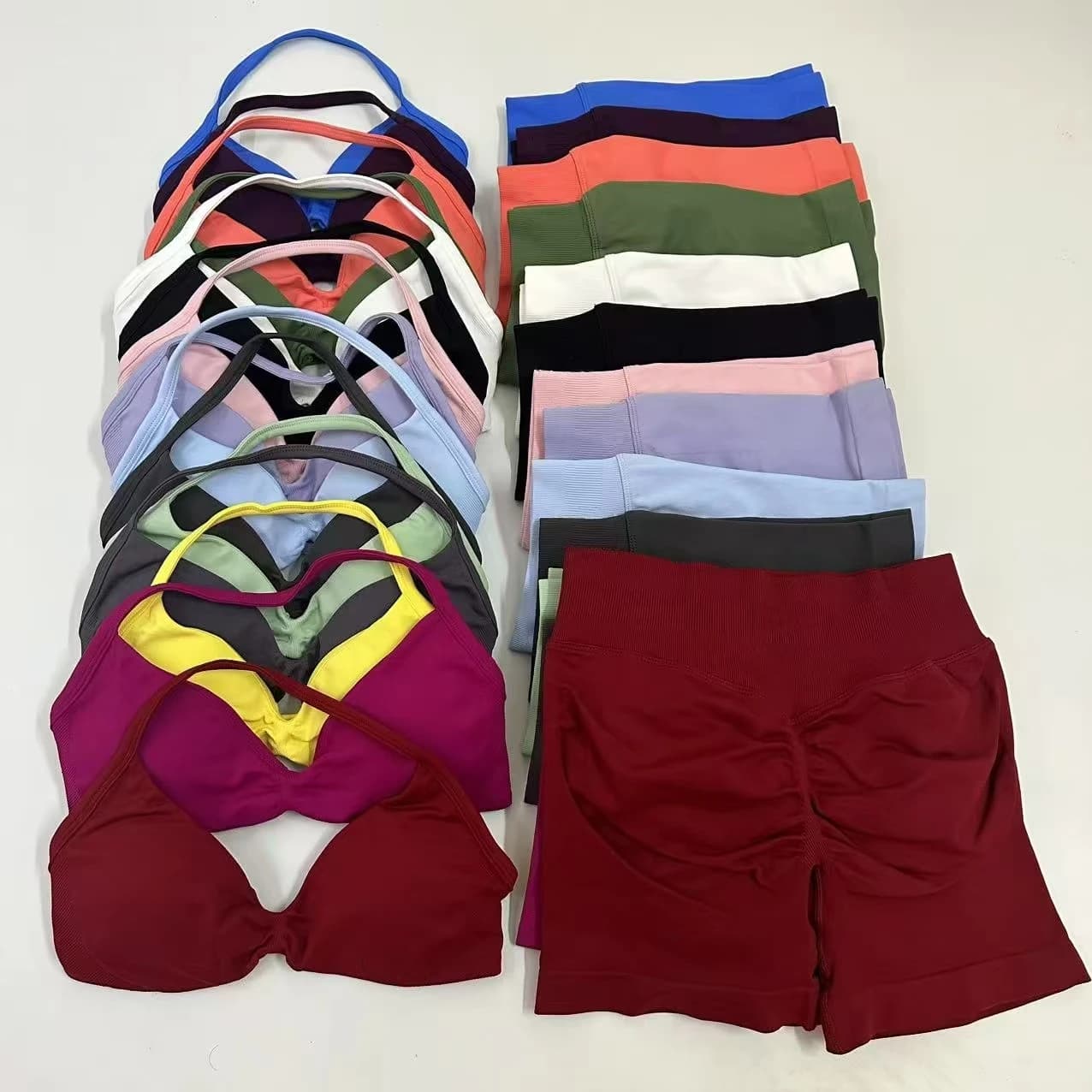 No Logo Yoga Gym Set 2 Piece Women Strappy Yoga Bra Top Workout Scrunch Shorts Sports Suit Fitness Clothes Seamless Yoga Set