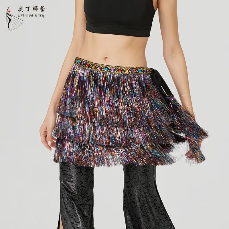Halloween Festival Performance Hip Scarf  Fashion Shimmer sexy tassel mini skirt metallic fringe belly dance hip scarf For Women