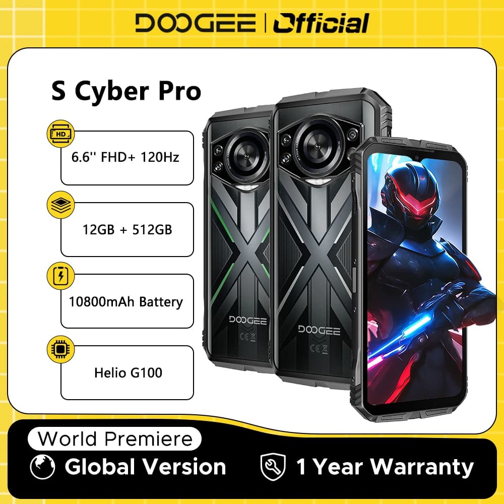 Doogee S Cyber Pro Rugged Phone Helio G100 6.6'' Fhd+ 120Hz Ips 12Gb 512Gb 10800Mah Battery 33W Charge Nfc Smartphones Nfc
