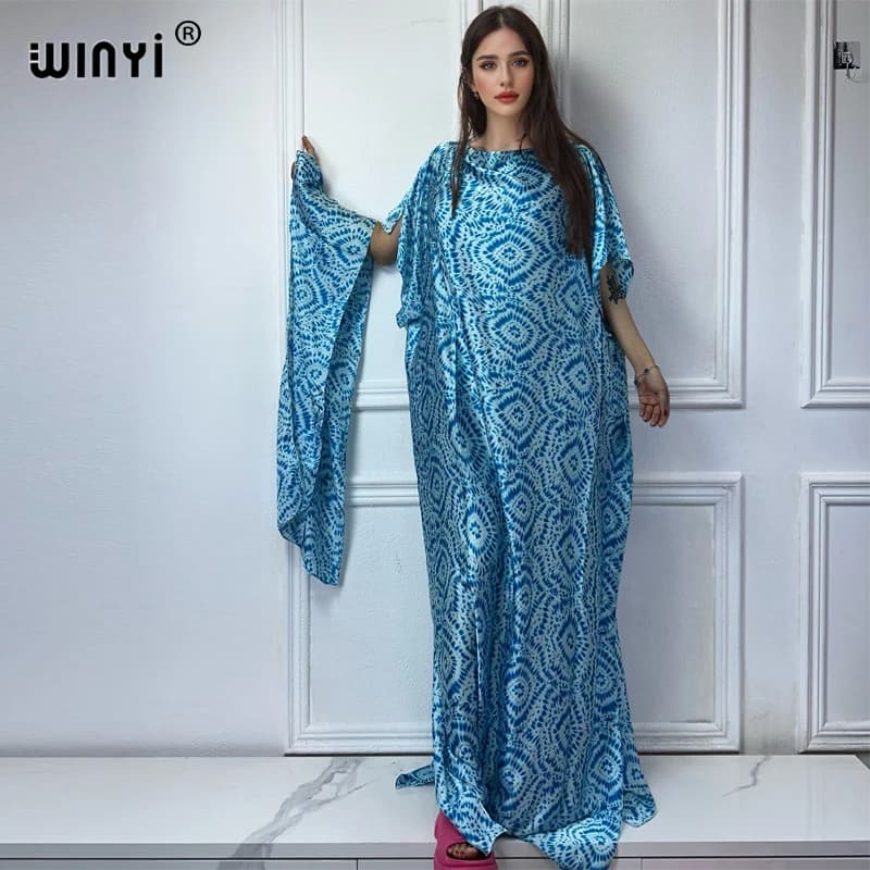 WINYI muslim african dresses turkey dresses for women luxury Crew Neck Tie-dye print Kaftan Dress, Elegant Maxi Length Dress