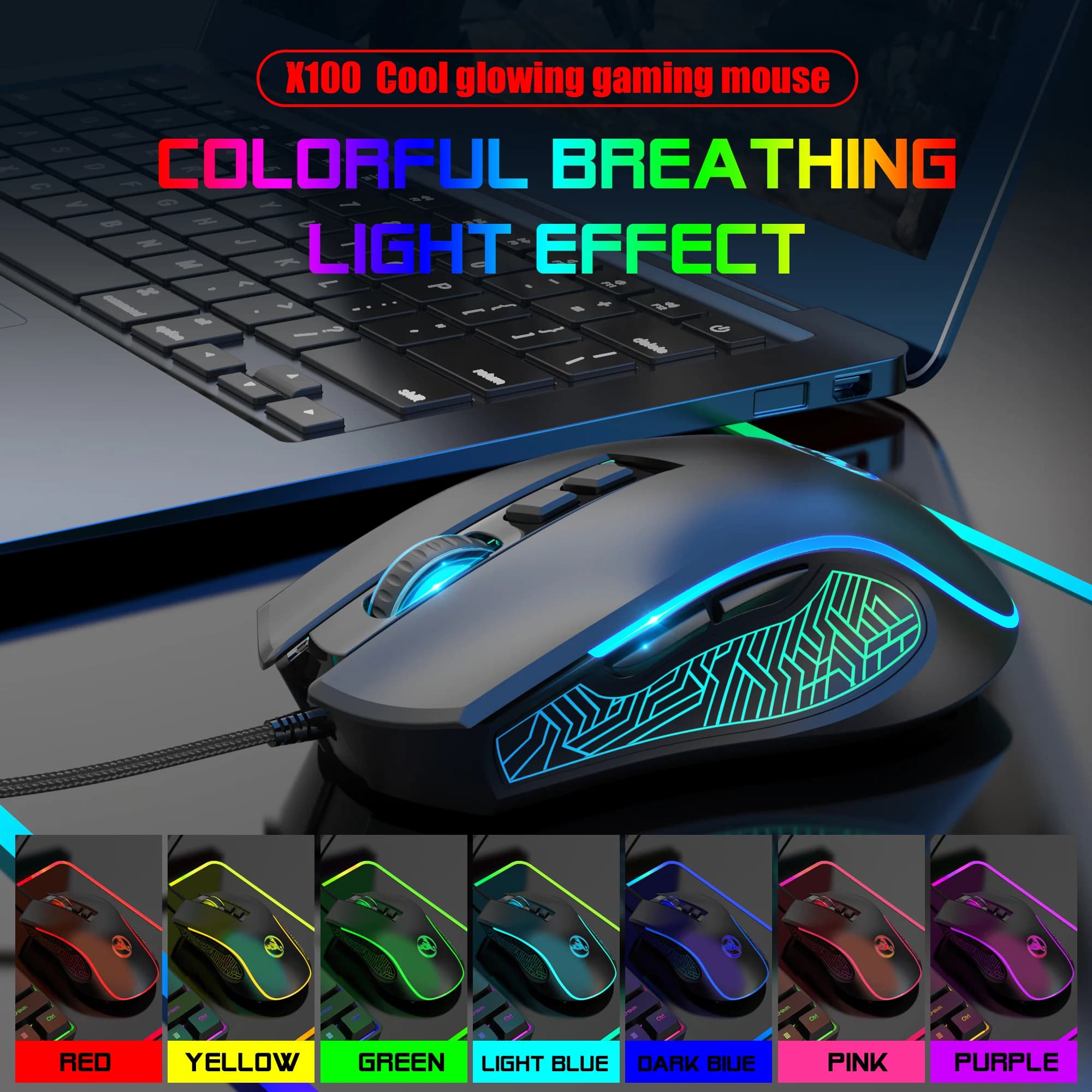 Popular choice HXSJ X100 ergonomic RGB backlit ABS 7D 3600DPI adjustable optical wired gaming mouse for laptop game