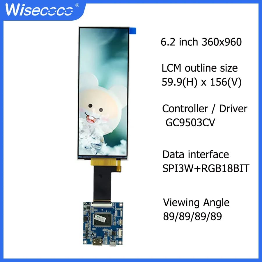 6.2 Inch 360x960 IPS LCD Wide Display Stretch Bar Screen Wisecoco SPI RGB Interface For Home Appliance Musical Instrument