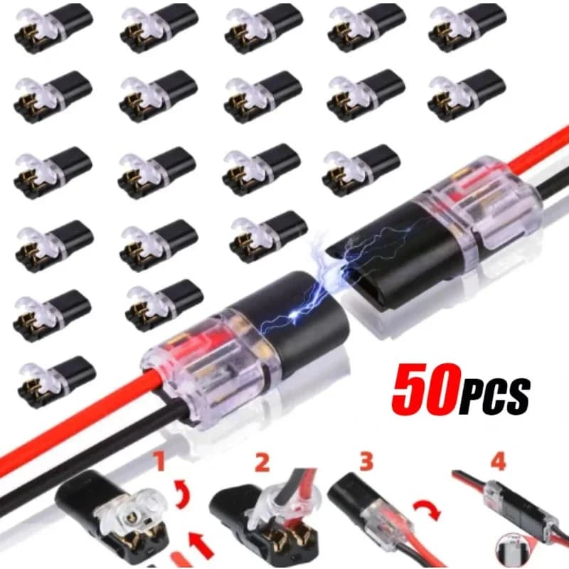 50/1pcs Double-Wire Plug-in Connector with Locking Buckle Pluggable LED Wire Connector 2 Pin 2 Way Universal Compact Wire