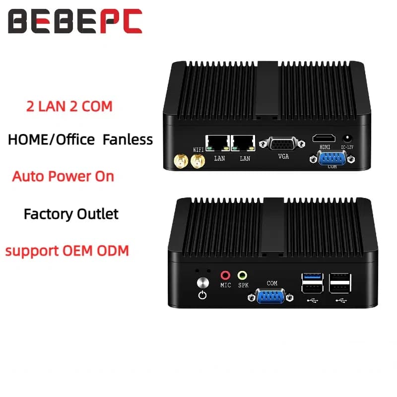 BEBEPC Fanless Mini PC Intel Celeron J6412 J1900 N2830 Dual LAN Windows 10 4 Core Industrial Mini Desktop Computer COM WiFi HTPC