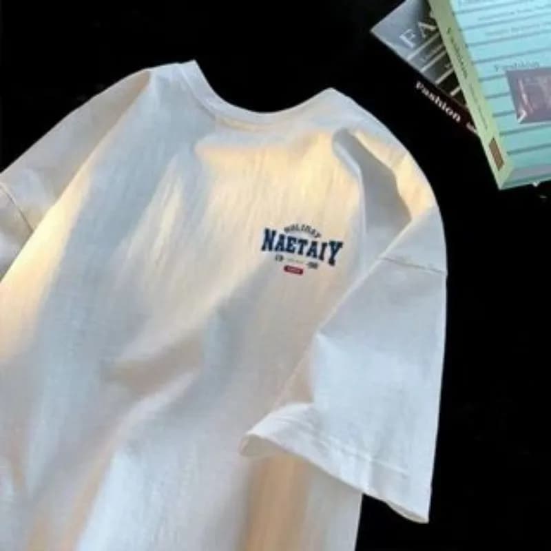 8XL Men Oversized Fashion Loose American Vintage Letter NAET Print Short Sleeve Round Neck Versatile Trend Couple outfit