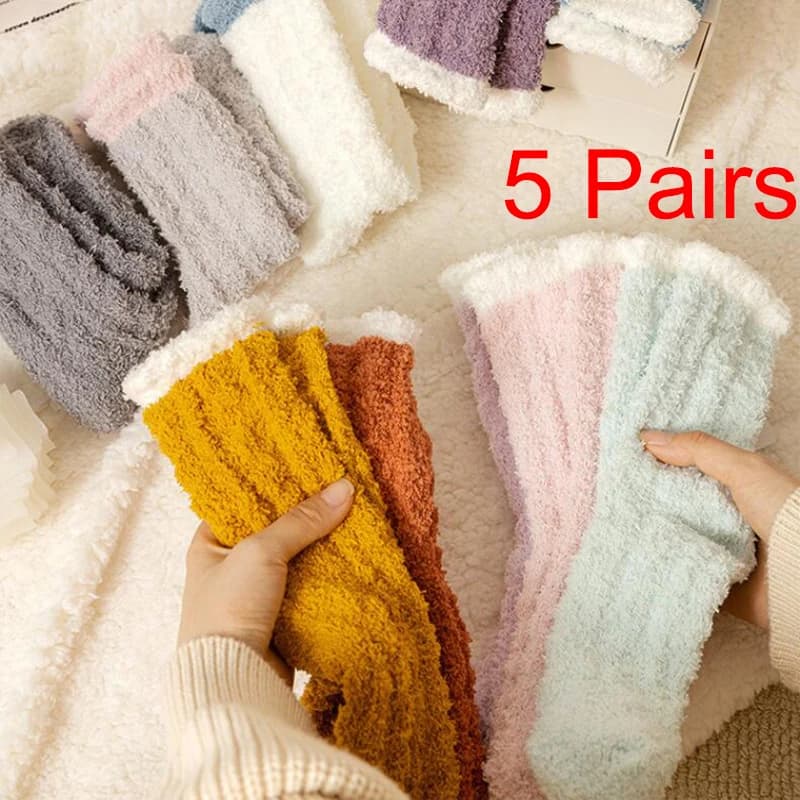 5 Pairs Women Fuzzy Socks Set Winter Warm Striped Thick Velvet Fluffy Socks Casual Fashion Soft Fleece Home Floor Sleeping Socks