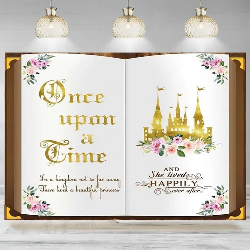 Once Upon A Time Backdrop Princess Birthday Decorations Photographic Background Fairy Tale Books Castle Flowers First  Banner
