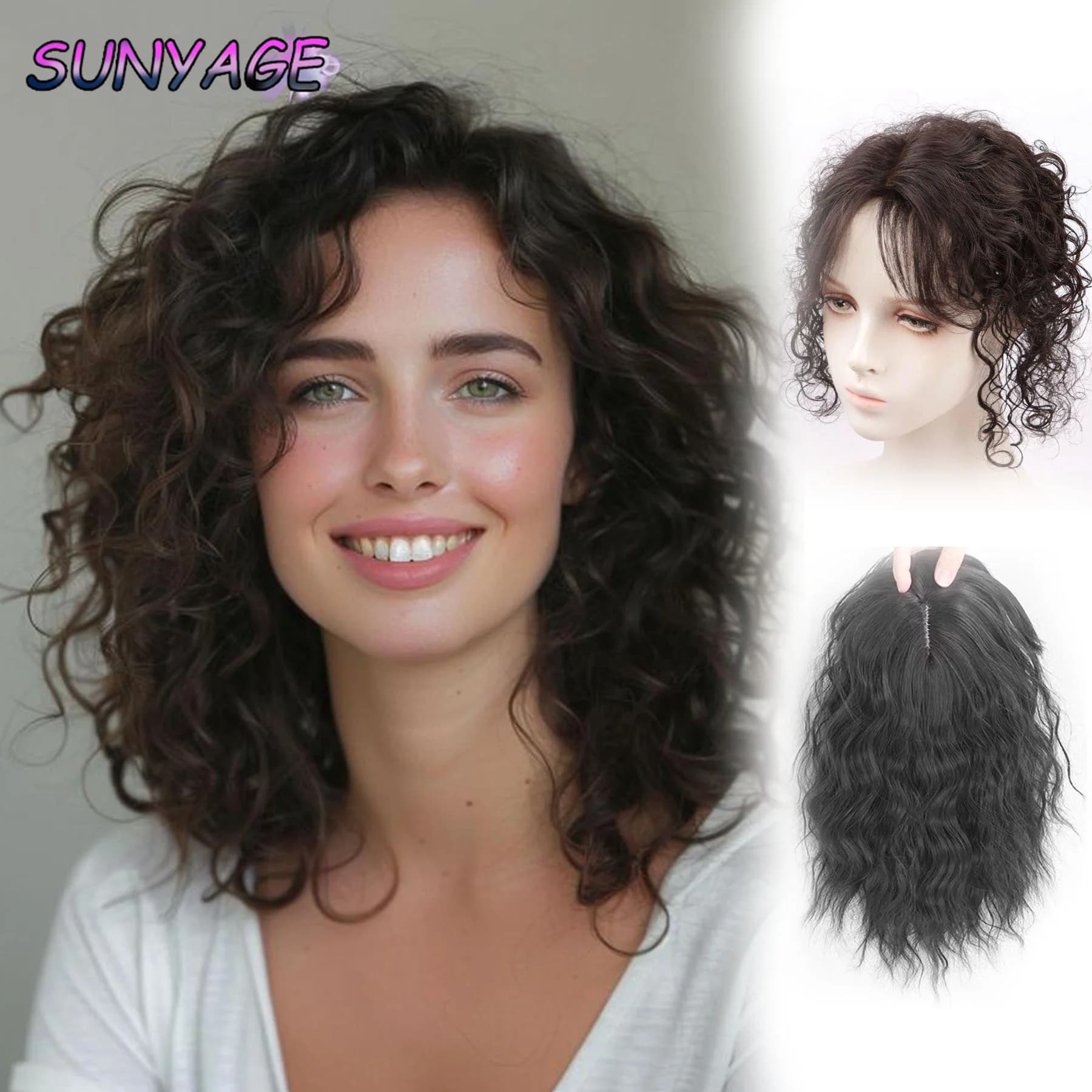 SUNYAGE Synthetic 3D Bangs Invisible Seamless Head Hair Water Ripple Hair Air Bangs Head Overhead Natural Invisible Replacement