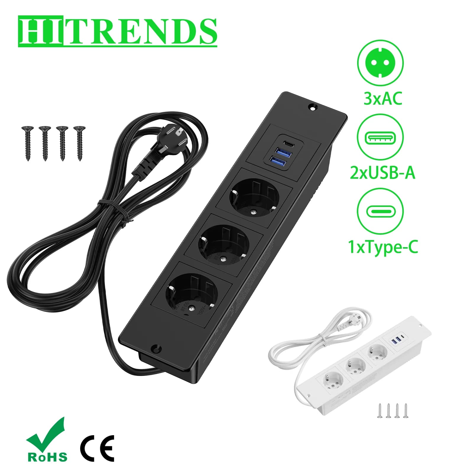 EU KR Table Bulit in Sockets Desktop Recessed Sockets with 3AC Outlets 2 USB Fast Charge TYPE-C Hidden Electric Power Strip